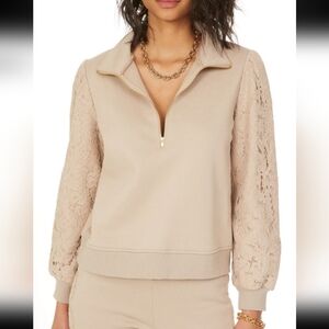 Generation Love Top Haven Sweatshirt Long Puff Lace Sleeve Tan Taupe 1/4 Zip M